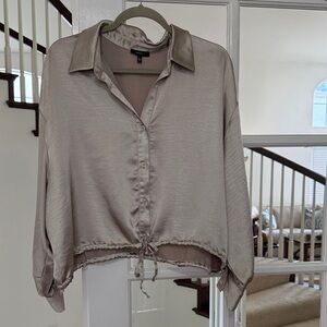 DREW Size Large Taupe Satin Blouse with Drawstring Waist